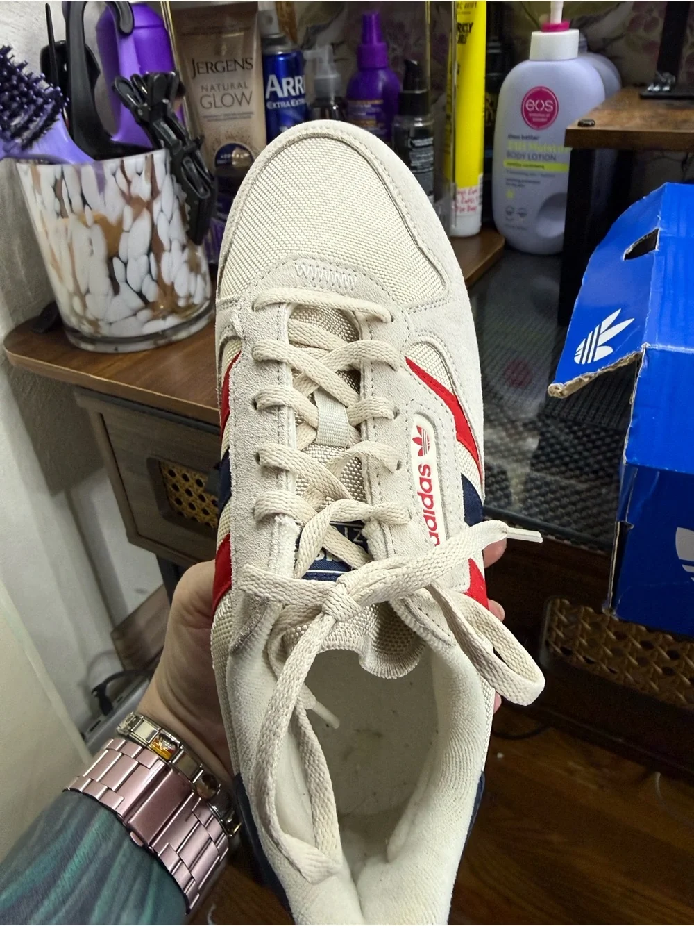 adidas Men’s Cream Sneakers with Red & Navy Stripes